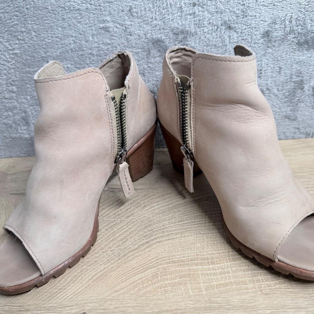 Sorel Lolla Peep Toe Bootie Womens 7 Beige Leather Stacked Heel Side Zip Shoes - Picture 4 of 12